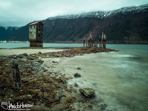 This old mining building is a piece of the Treadwell mine of the late 1800s. In April 1917 this mine was flooded by a high tide, and "questionable" mining practices (http://www.juneau.org/parkrec/facilities/documents/treadbroch1.pdf)